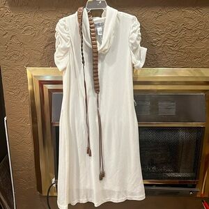 White cotton dress with brown belt. Size Large